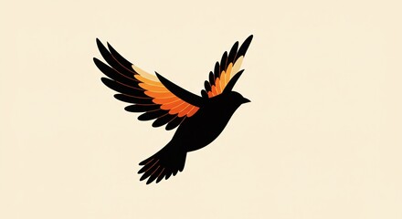 Obraz premium Black bird with orange and yellow wings flying against a light beige background