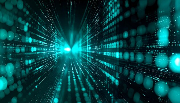 Digital transformation background with abstract data streams, binary code patterns, and blurred depth of field, in teal and black