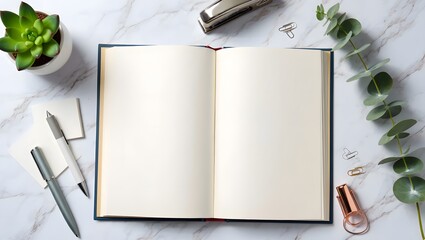 Notebook and pen placed on a wooden table background