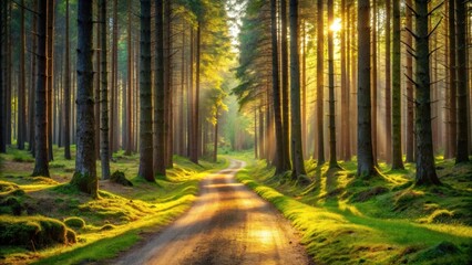 Fototapeta premium Golden Sunlight Illuminates a Serene Forest Path, Casting Long Shadows on Lush Green Moss