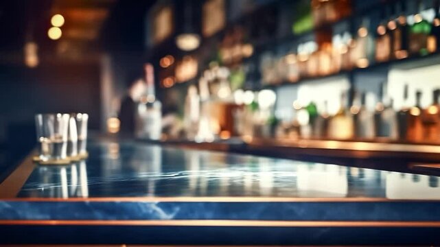 Blur shot of classic luxury counter bar drink.cocktail bartender with light gold bokeh in night background.For beverage product shot