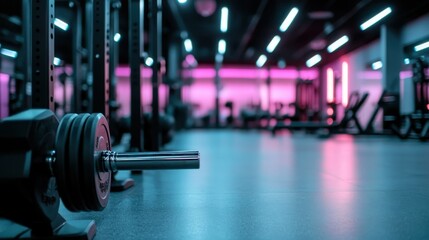 Fototapeta premium A vibrant gym scene showcasing weights and equipment, illuminated by neon lights, emphasizing a modern fitness atmosphere and inspiring a commitment to health and exercise.