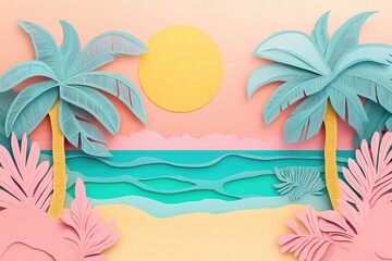 Colorful paper cut beach scene with palm trees.