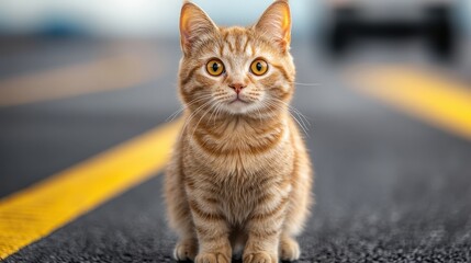 A charming ginger cat sits on a road, gazing curiously at the camera, evoking feelings of love and warmth as it represents the innocence and playfulness of pets in urban life.
