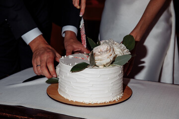 A simple two-tier white wedding cake with smooth fondant finish, accented with soft pink roses and...