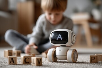 Young boy learning alphabet with AI robot and wooden blocks at home. Concept of early education, smart toys, and artificial intelligence in child development