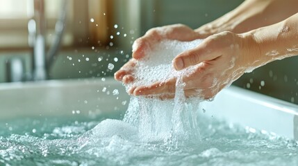 Fototapeta premium An intimate moment captured of hands washing in soapy water, promoting hygiene, self-care, and awareness of cleanliness in everyday life.
