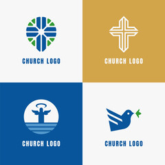 Vector icons and logos for church and faith themes. Includes pin, cross, dove, and heaven designs