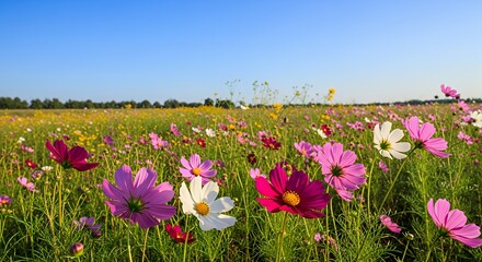 Fototapeta premium Blooming Cosmos Flower Field with Clear Blue Sky in Summer