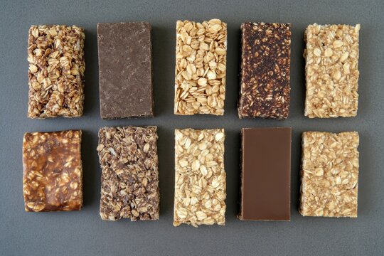 Nutritious cereal protein bars with oatmeal, chocolate and nuts, ideal for a healthy snack or meal replacement