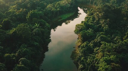 Amazon rainforest aerial view background. River cutting through dense, lush tropical forest. Calm water reflects greenery of surrounding trees and creating serene and peaceful atmosphere