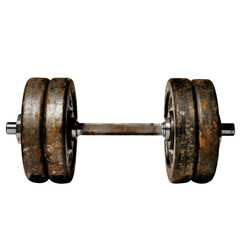 Fototapeta premium Rusty dumbbell with worn weights, symbolizing strength and fitness