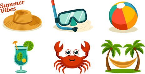 Minimal travel icons showing sunglasses hat crab drink bag and flippers with diving goggles   © RA Studio