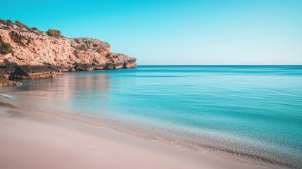 Tranquil beach with clear waters and rocky cliffs under a blue sky in a serene coastal location