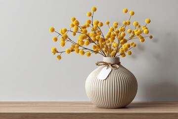Elegant yellow billy balls in a ribbed ceramic vase on wooden surface