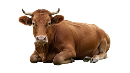 Detailed Domestic Brown Cow Resting on the Ground Animal Portrait