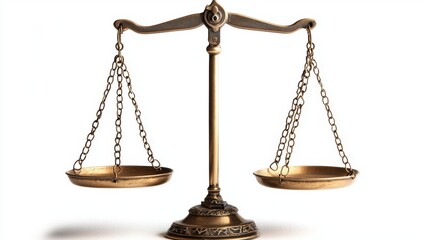 Brass balance scale with evenly suspended pans, symbolizing justice and equilibrium in design, showcased against a plain background