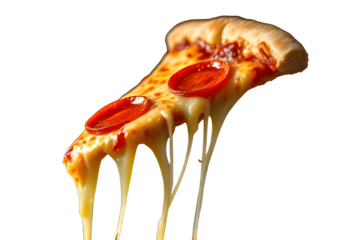 A dramatic, low angle shot of a single slice of hot pepperoni pizza being lifted, creating an exaggerated, gooey cheese pull. 