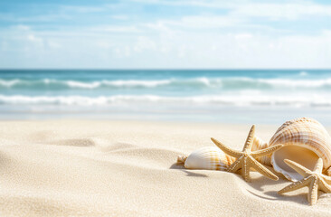 Obraz premium Close-Up of Seashells and Starfish on Sandy Beach with Ocean in Background
