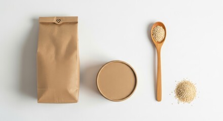 Brown paper bag mockup with quinoa and wooden spoon