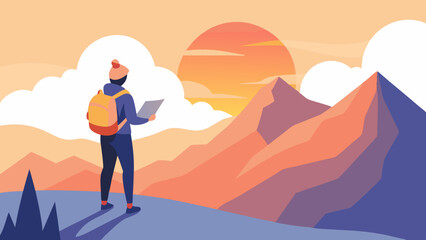 Solo traveler with backpack reading map in mountains at sunset in flat vector style