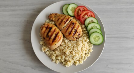 Flat lay of Atti&eacute;k&eacute; (cassava couscous) with grilled chicken, tomatoes, and cucumbers, plated off-center using rule of thirds 3