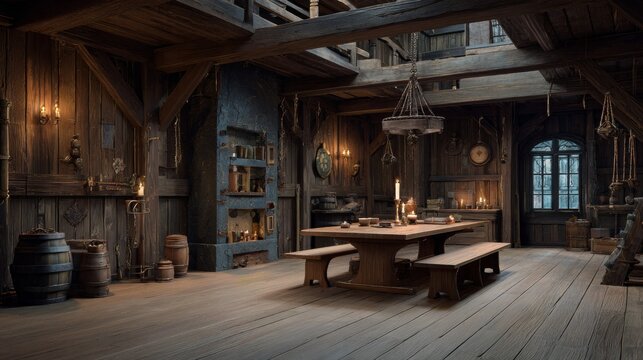 Hyperrealistic pirate tavern interior design for fantasy and historical settings