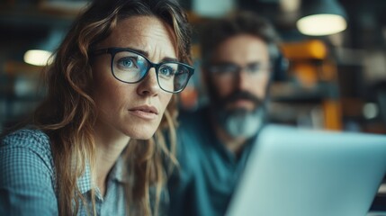 Two focused professionals intensely collaborate over a laptop, showcasing dedication and teamwork in a lively workspace atmosphere surrounded by innovative ideas.