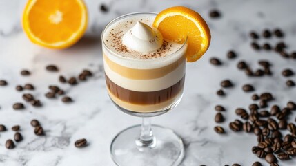 Layered coffee cocktail in crystal glass with slices of orange and coffee beans on a white marble surface
