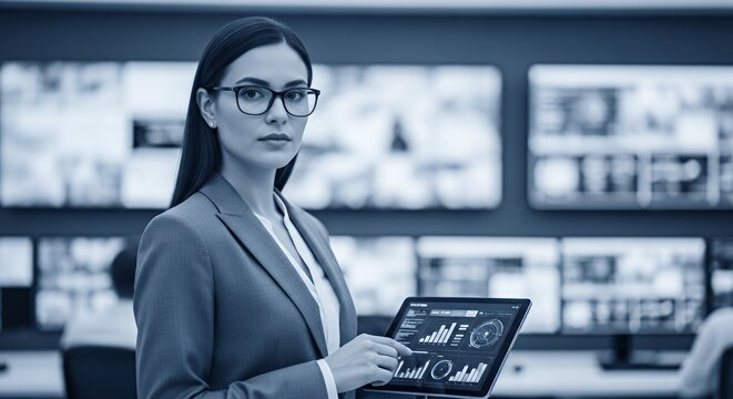 Woman Using Tablet in Security Control Room Monitoring Live Feeds