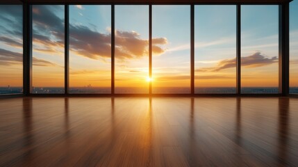 Fototapeta premium A luxurious empty apartment with expansive windows, offering a breathtaking view of a vibrant sunset over the city skyline that creates a serene atmosphere.