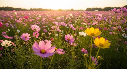 Naklejka premium Cosmos Flower Field at Sunset with Pink and Yellow Blooms