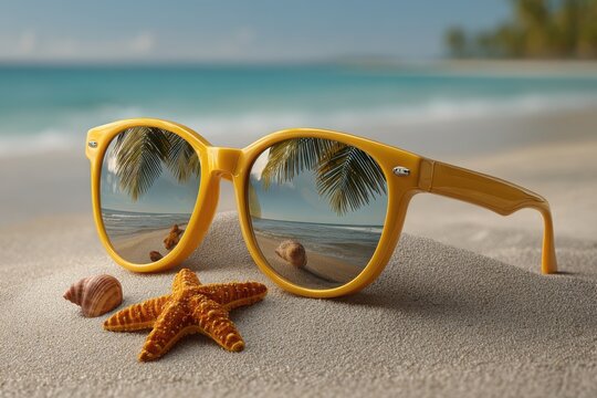Yellow sunglasses reflecting tropical beach scene with starfish and seashells