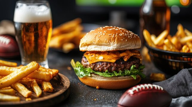 Delicious cheeseburger with fries and beer set against a sports-themed backdrop for game day enjoyment