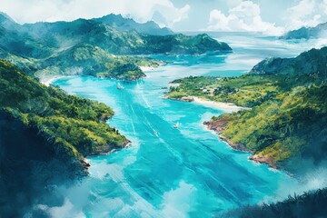 Fototapeta premium Lush tropical bay with sailing vessels.