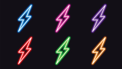 Glowing neon flash icon. Neon lightning bolt icon. flash sale lightning flash neon icon. 3D Style Map Pointer icon. flash sale design Isolated on Black Background. Vector Illustration
