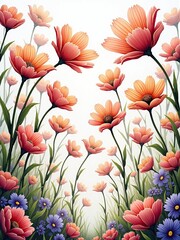 Fototapeta premium A serene floral vista featuring vibrant orange and pink blossoms against a gentle white backdrop.