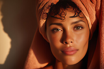 Close Up Portrait of Woman in Sunlight with Orange Towel and Soft Shadows