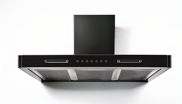 sleek black matte kitchen range hood with minimalist design isolated on a white background