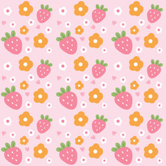 seamless pattern of strawberries and colorful flowers