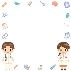 可愛くてシンプルな医者と看護師の医療フレーム(Cute and Simple Medical Frame with Doctor and Nurse Characters)