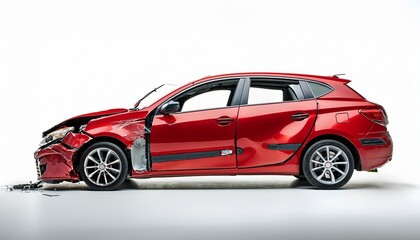 Fototapeta premium red sedan with side impact damage on white background emphasizing post collision condition