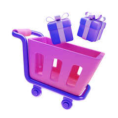 Shopping cart and gift box 3d render illustration, isolated on transparent background