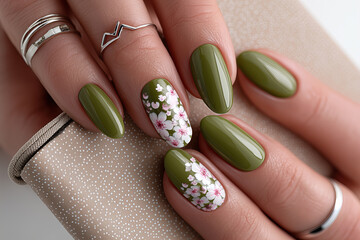 Close-Up Of Olive Green Manicured Nails With Floral Design and Silver Rings