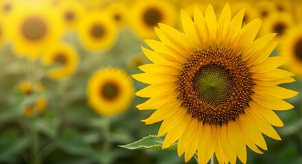 Obraz premium Close-up Sunflower Blooming in Field During Sunny Day with Bokeh Effect