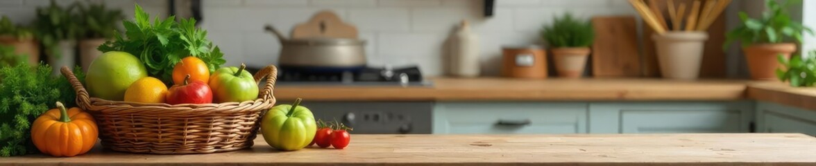 Rustic kitchen scene featuring a charming wicker basket overflowing with fresh produce, adding a touch of natural warmth and texture to the countertop , top view, retro