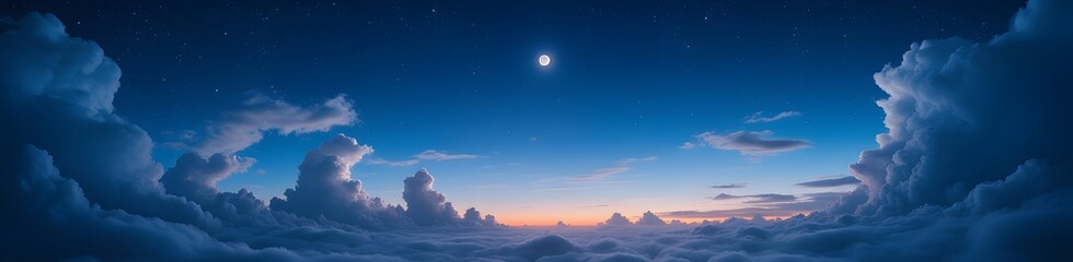 Serene Night Sky Above a Sea of Clouds, Moonlit Majesty Illuminates the Heavens, Peaceful Tranquility Envelops the Scene, A Breathtaking Celestial Display