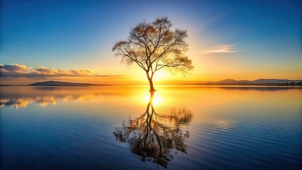 Obraz premium Serene Sunset Silhouette Solitary Tree in Calm Waters Reflecting Golden Hour Light