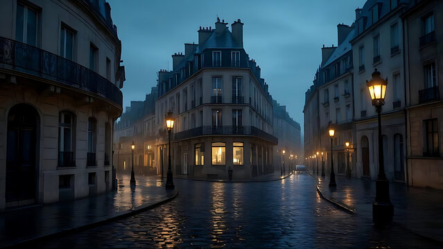 A Rainy Evening on a Parisian Street with Glowing Lampposts, 4k - Powered by Adobe