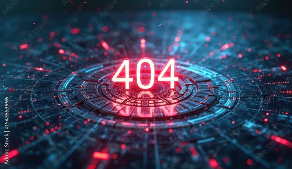 Poster A glowing red 404 error message floats over a futuristic digital interface, highlighting the concept of a missing page in a high-tech virtual environment, horizontal composition